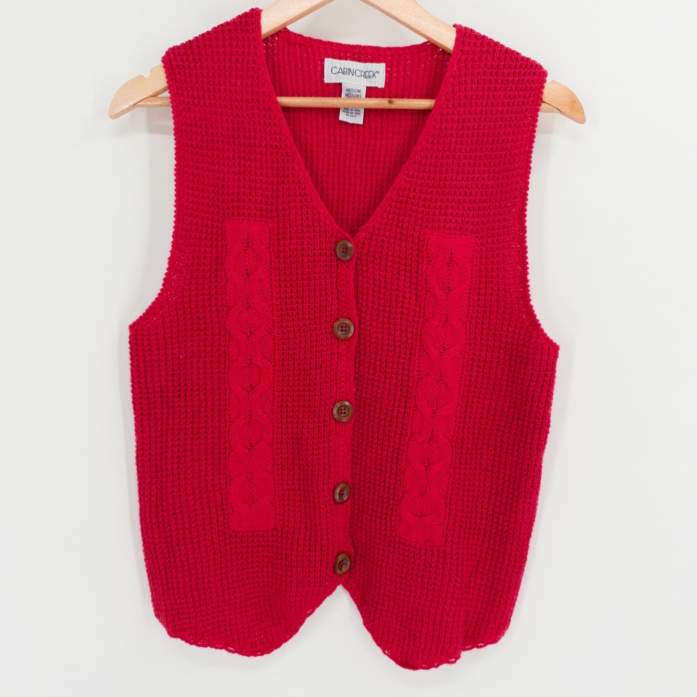 Vintage Christmas Sweater Vest Women M Red Cable Knit Cotton Ramie Granny 90s
